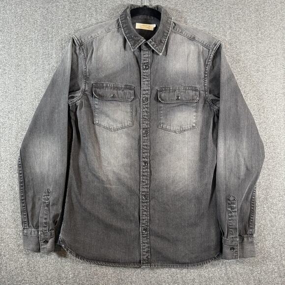 AllSaints Denim Shirt Mens XS Corduroy Collar Gray Flap Pockets Nice Fade - Picture 1 of 14